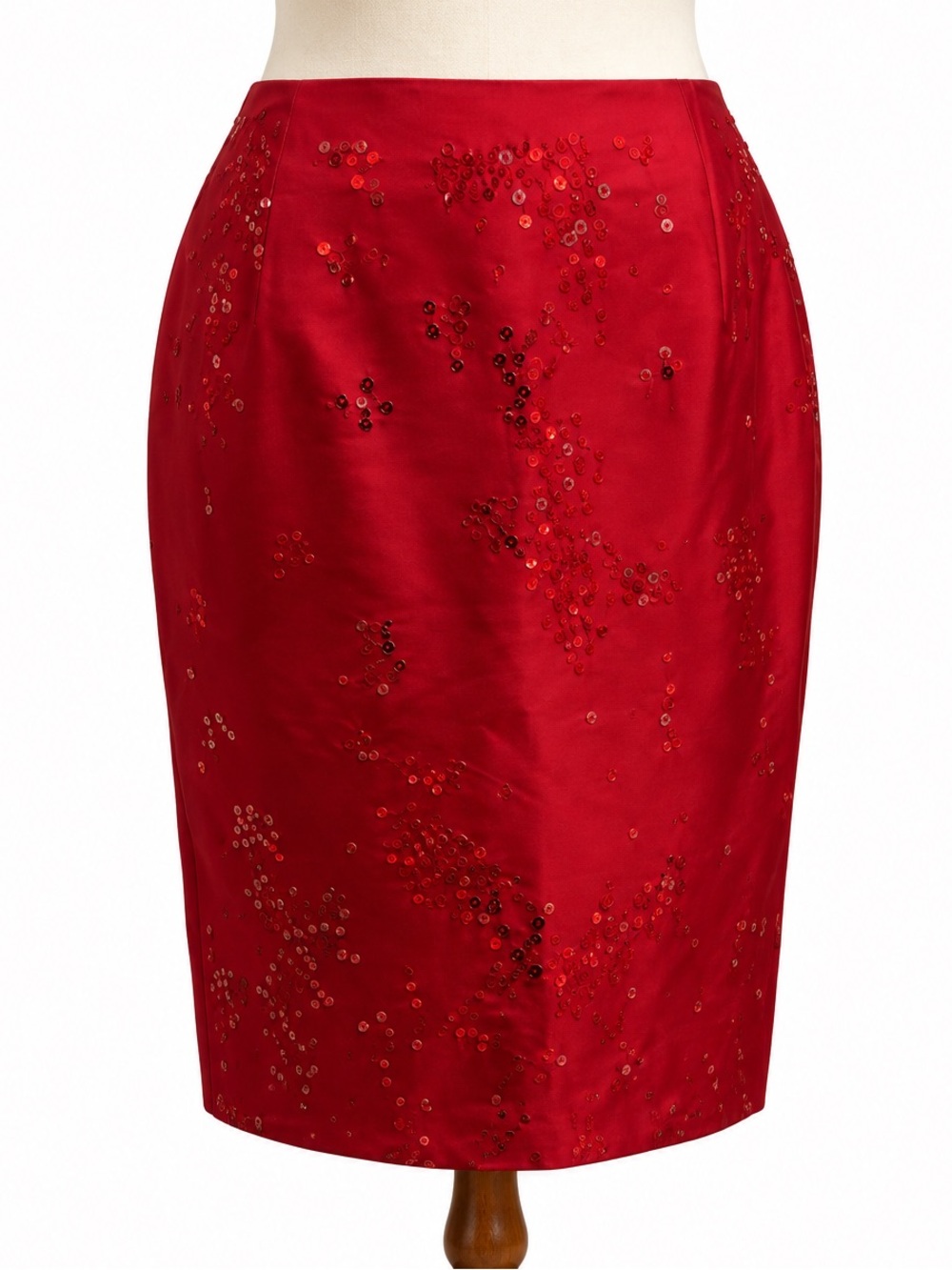 Ann Taylor Red Sequins Pencil Mini Skirt 100% Silk knee length Dressy Cocktail 4